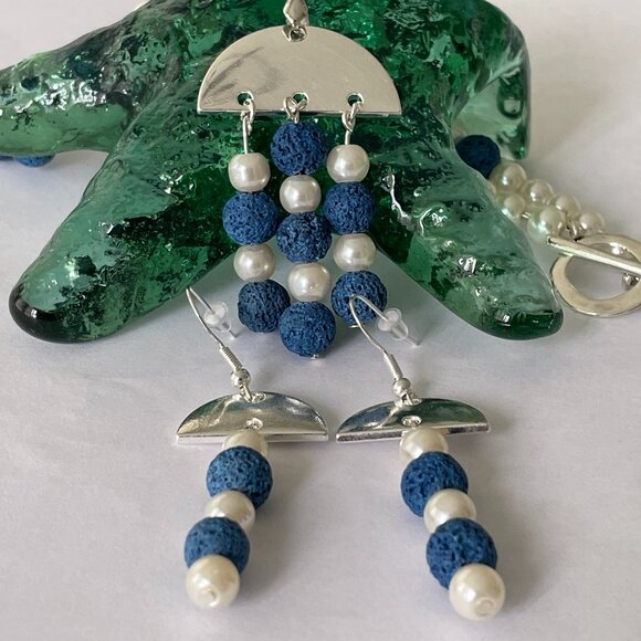 Blue Lava Stone and Glass Pearls Necklace and Pierced Earrings Set - Picture 3 of 6